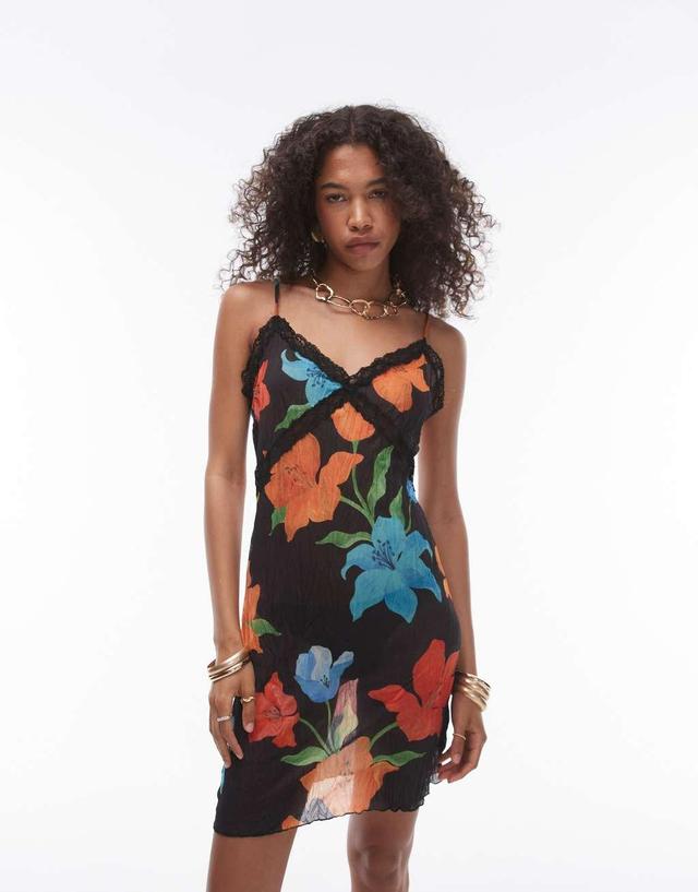 Topshop sheer crinkle lace trim mini dress in floral print Product Image