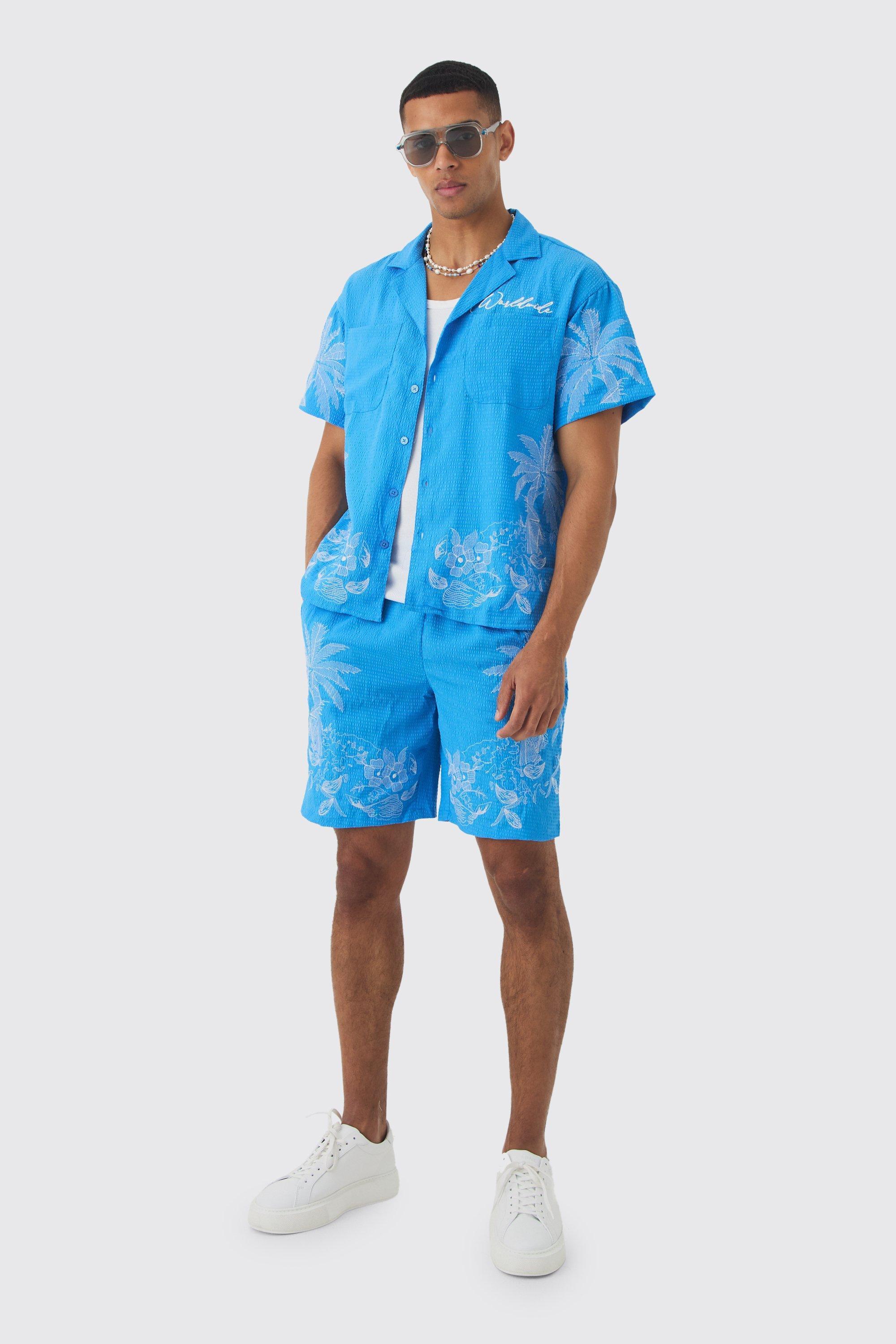 Boxy Seersucker Embroidered Floral Shirt & Short Set | boohooMAN USA Product Image