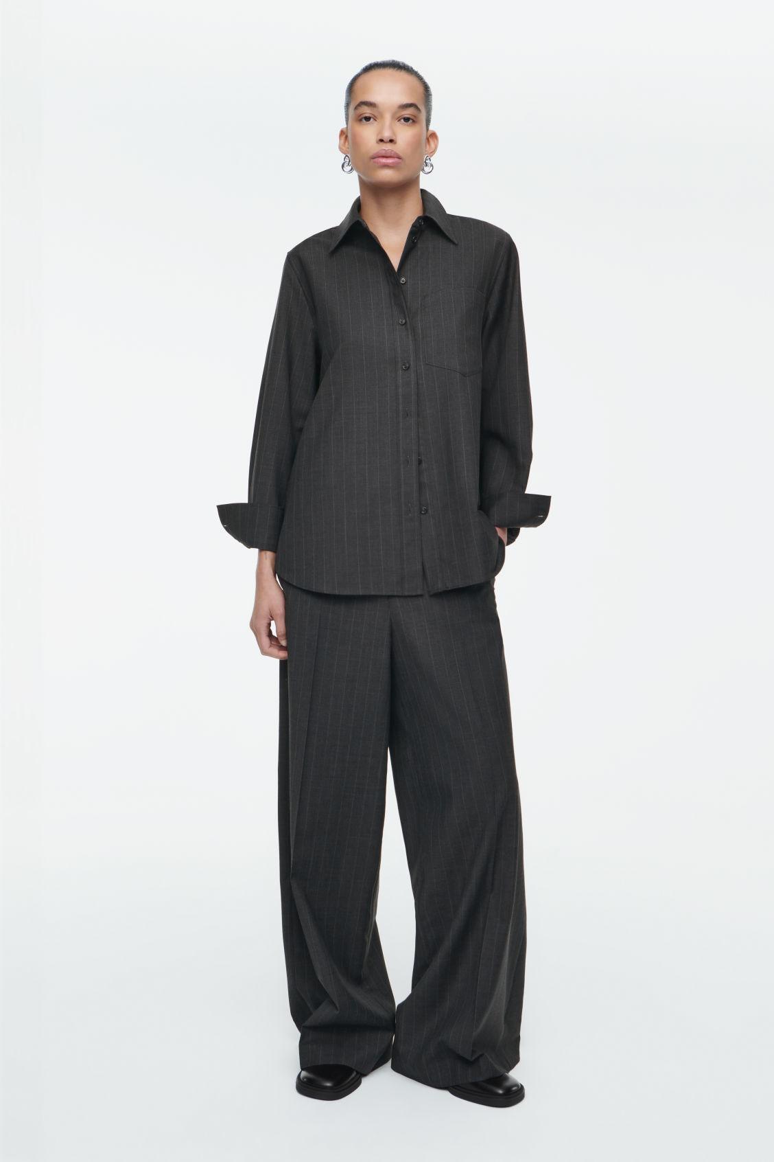 WIDE-LEG PINSTRIPED WOOL TROUSERS Product Image