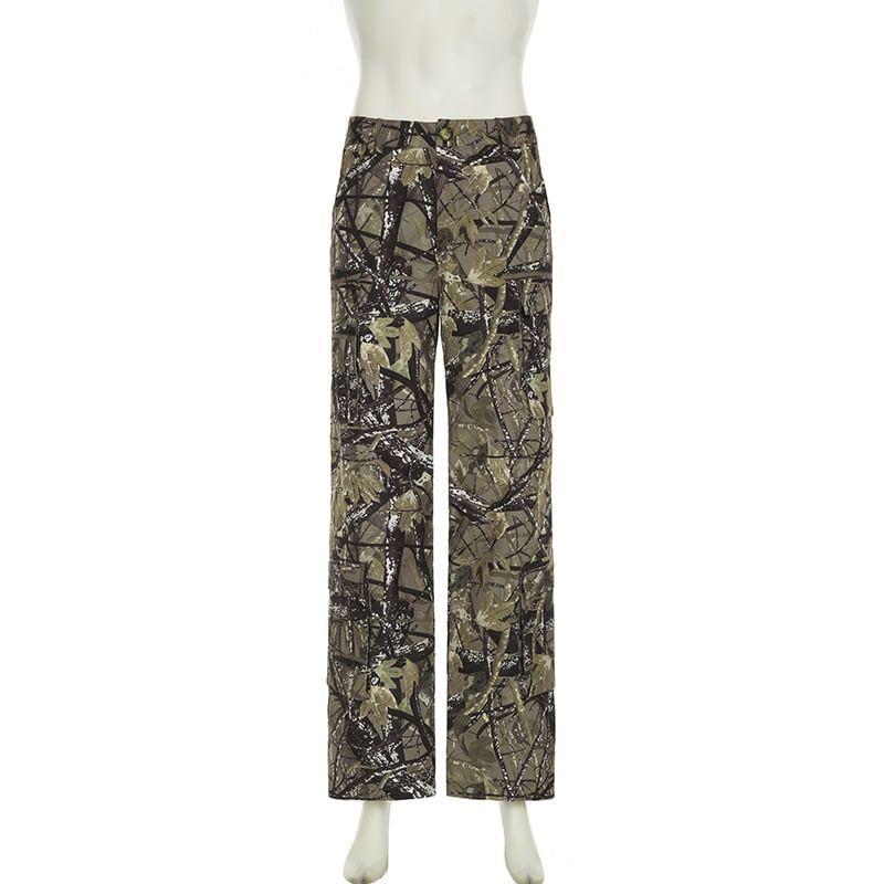 Mid Rise Camouflage Wide Leg Cargo Pants Product Image