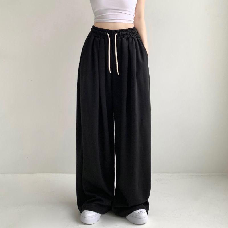 Drawstring Waist Plain Fleece-Lined Wide Leg Sweatpants Product Image