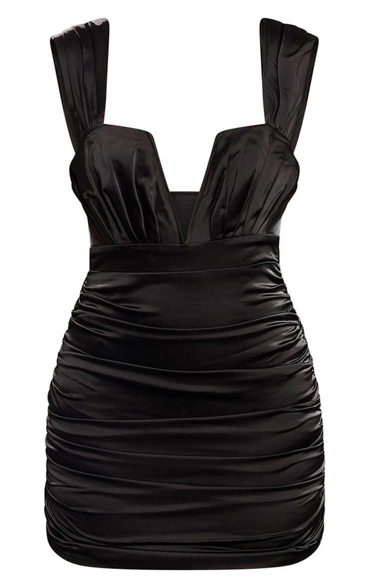 Black Premium Constructed Satin V Bar Ruched Mini Dress Product Image