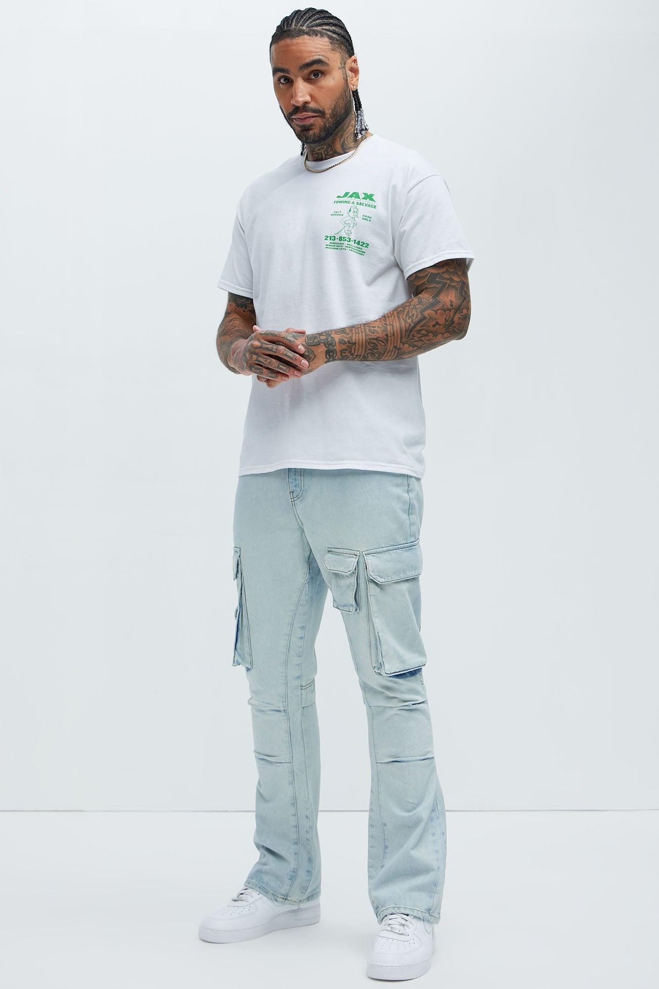 Edris Stacked Slim Flare Cargo Jeans - Light Blue Wash Product Image