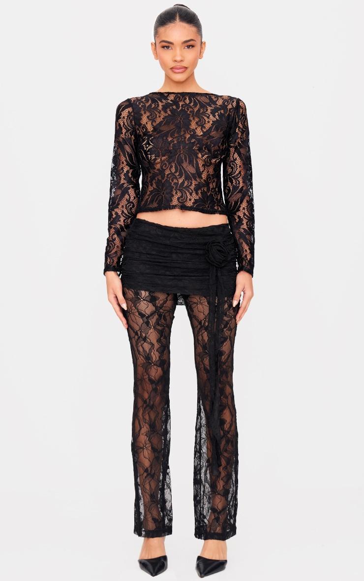 Black Lace Boatneck Long Sleeve Long Top Product Image