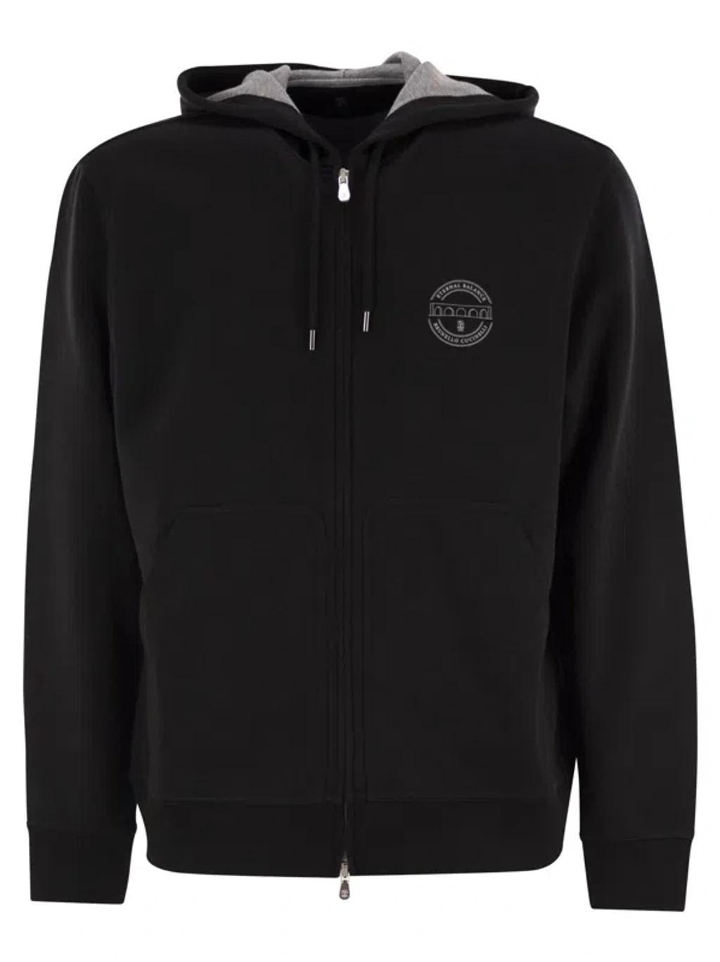 BRUNELLO CUCINELLI Luxury Tri-blend Hooded Sweater With Eternal Balance Print In Black Product Image