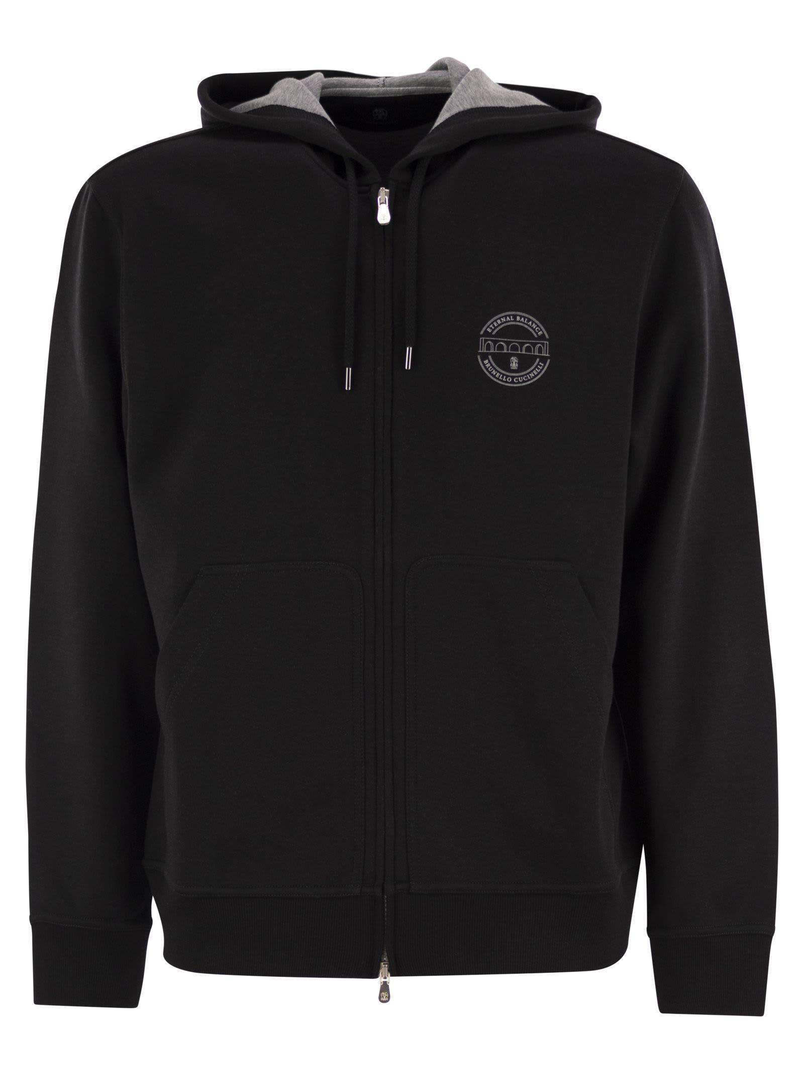 BRUNELLO CUCINELLI Luxury Tri-blend Hooded Sweater With Eternal Balance Print In Black Product Image