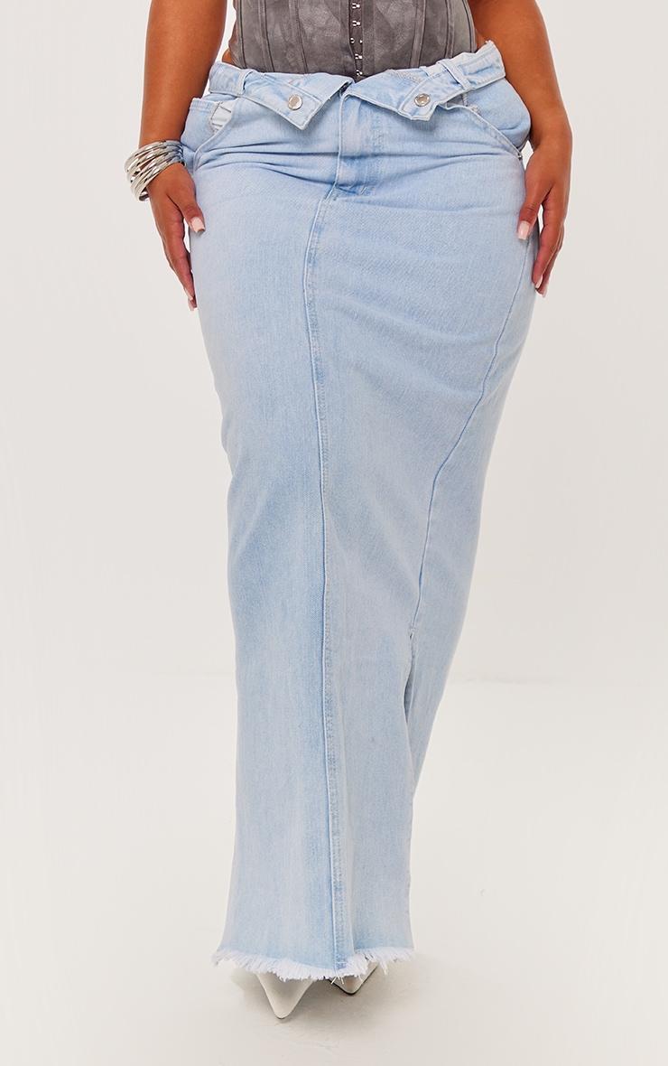 Shape Light Blue Wash Denim Fold Over Low Waisted Maxi Skirt Product Image