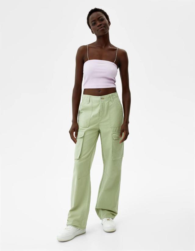 Bershka straight leg cargo pants in khaki Product Image