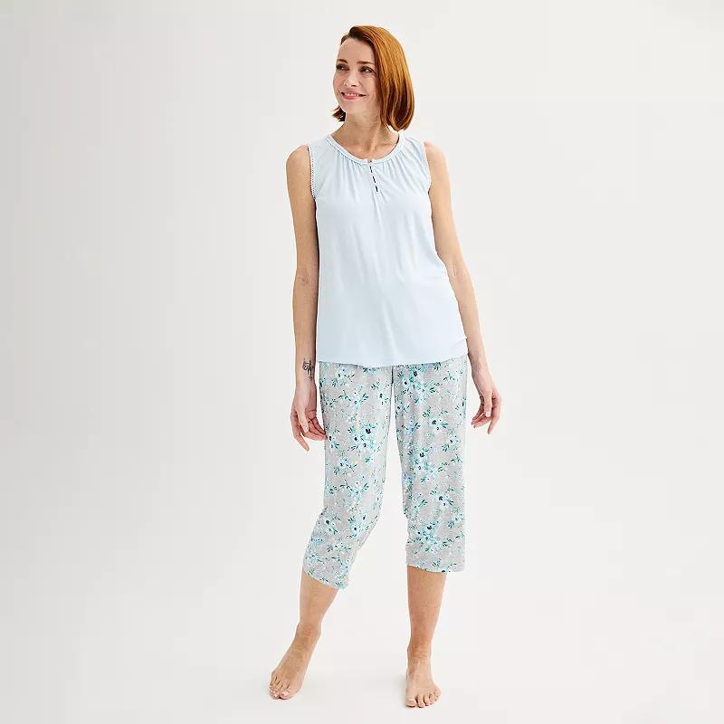 Petite Croft & Barrow Split Neck Pajama Tank Top & Capri Pajama Pants Set, Womens Product Image