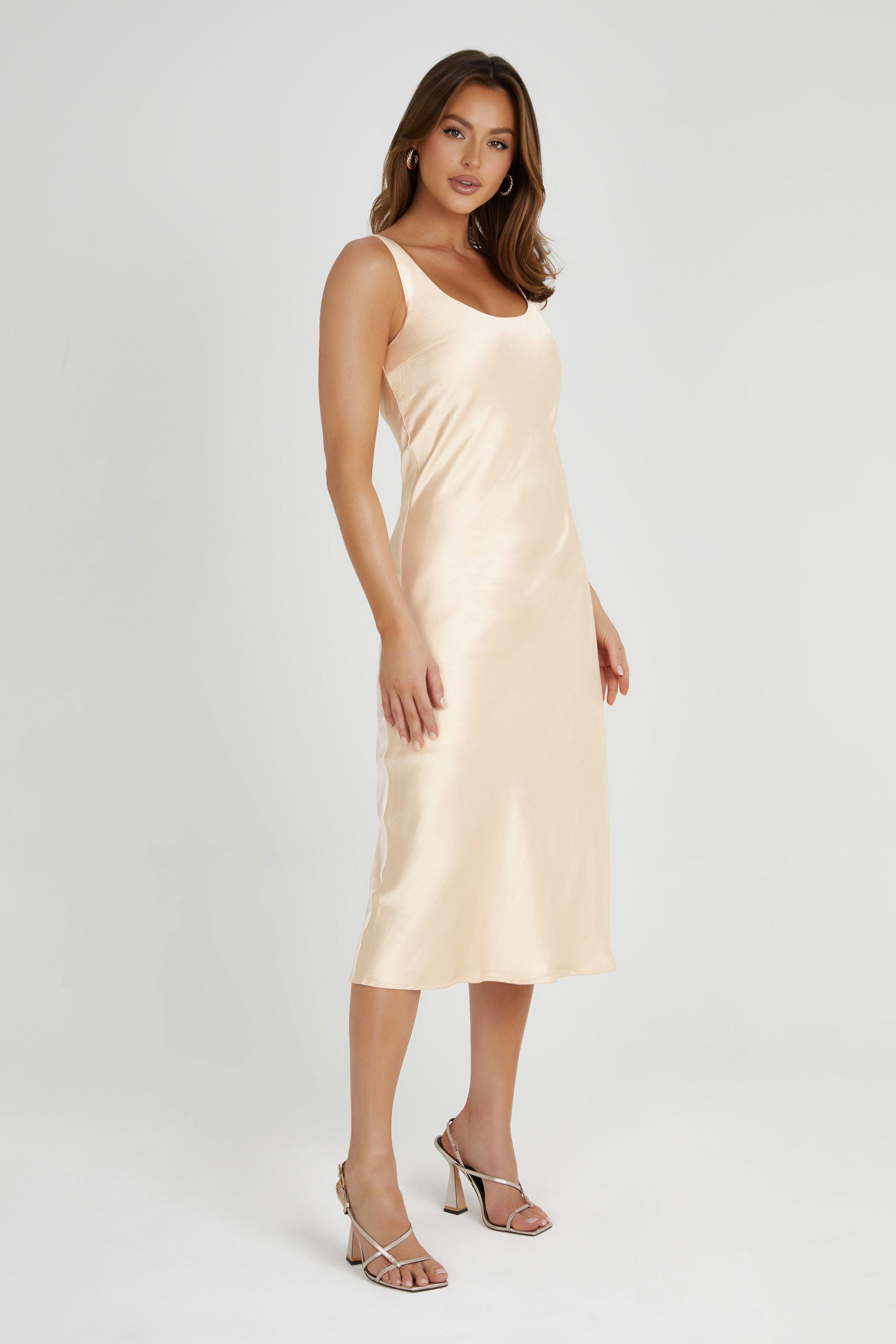 Tamara Satin Iridescent Slip Midi Dress - Apricot Product Image