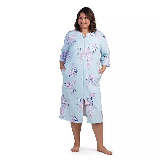 Plus Size Miss Elaine Essentials French Terry Long Zip Robe, Womens Blue Bouquets Product Image