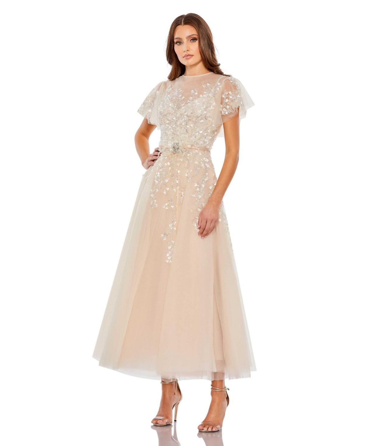 Womens Flutter-Sleeve Embellished Midi-Dress Product Image