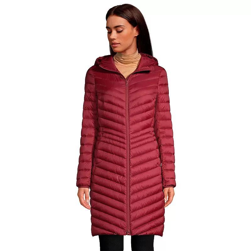 Womens Lands End Hooded Wanderweight Ultralight Packable Long Down Coat Rich Red Product Image