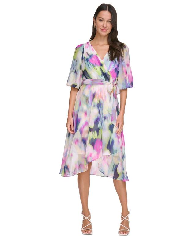 DKNY by Donna Karan Printed Chiffon Surplice V-Neck 34 Sleeve Faux Wrap Dress Product Image