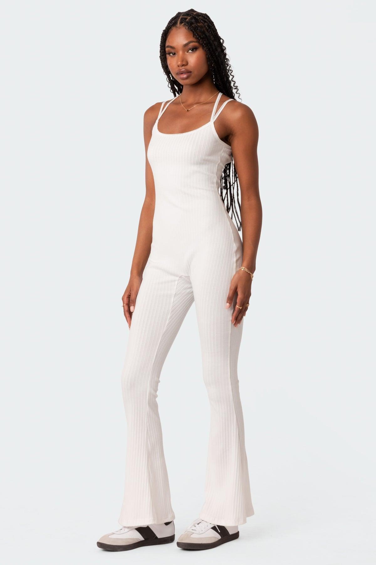 Strappy Ribbed Open Back Flared Jumpsuit Product Image