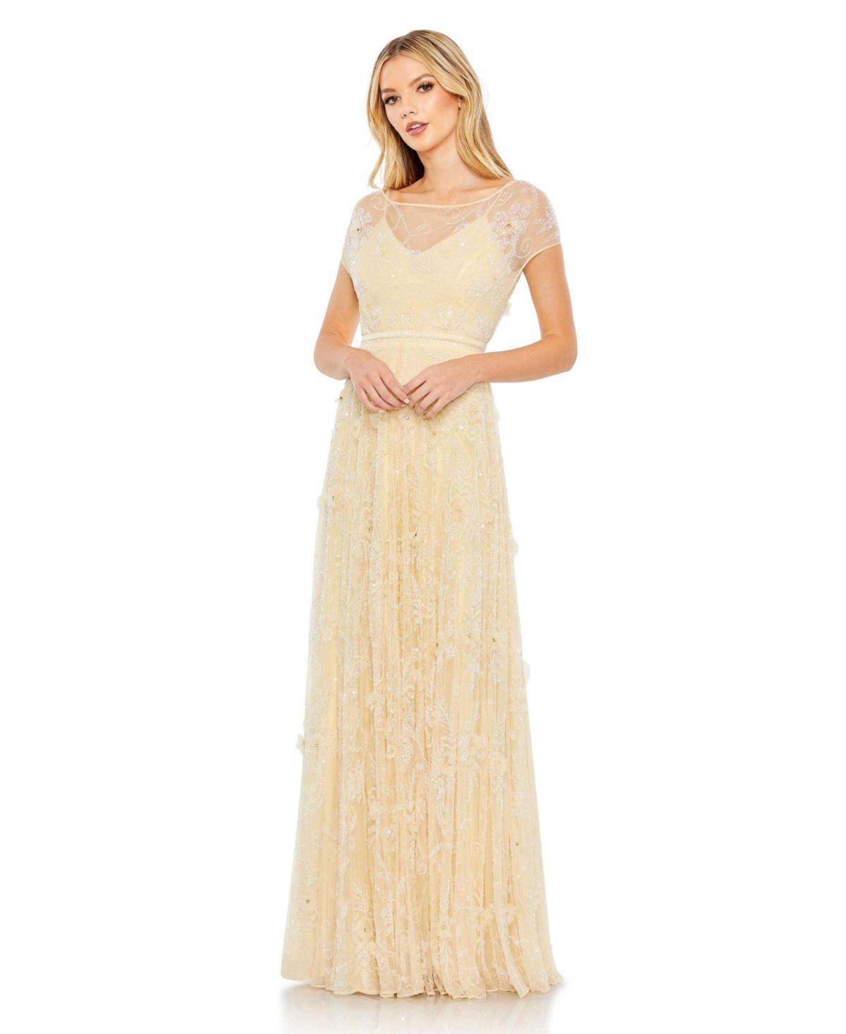 Womens Embellished Illusion Cap Sleeve Gown Product Image