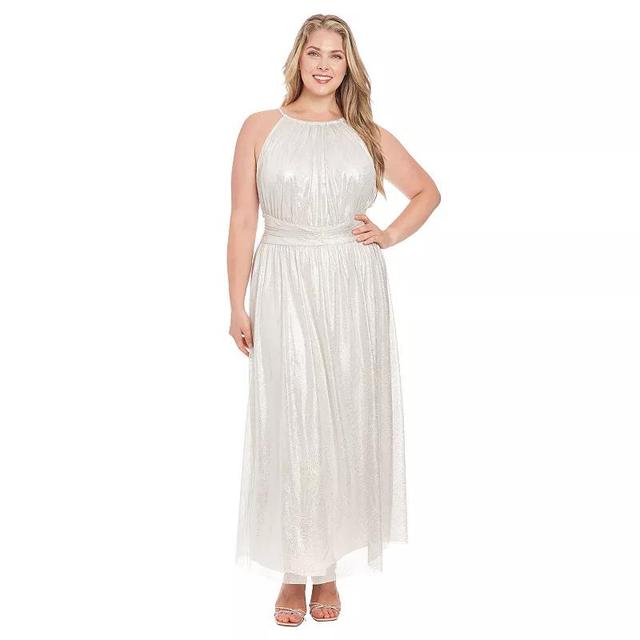 Plus Size London Times Ruched Halter Neck Shimmer Maxi Dress, Womens Product Image