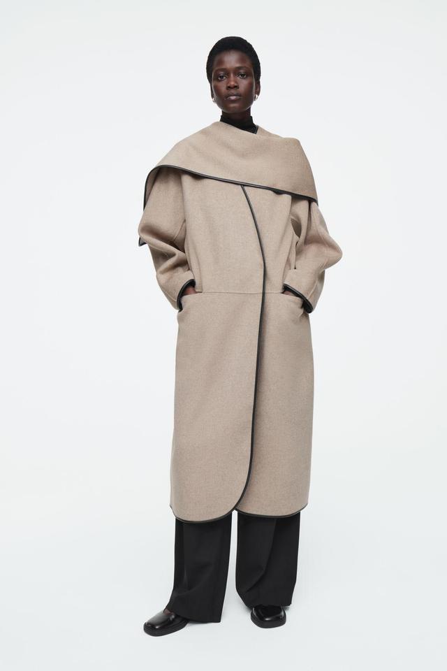 LEATHER-TRIMMED WOOL SCARF COAT Product Image