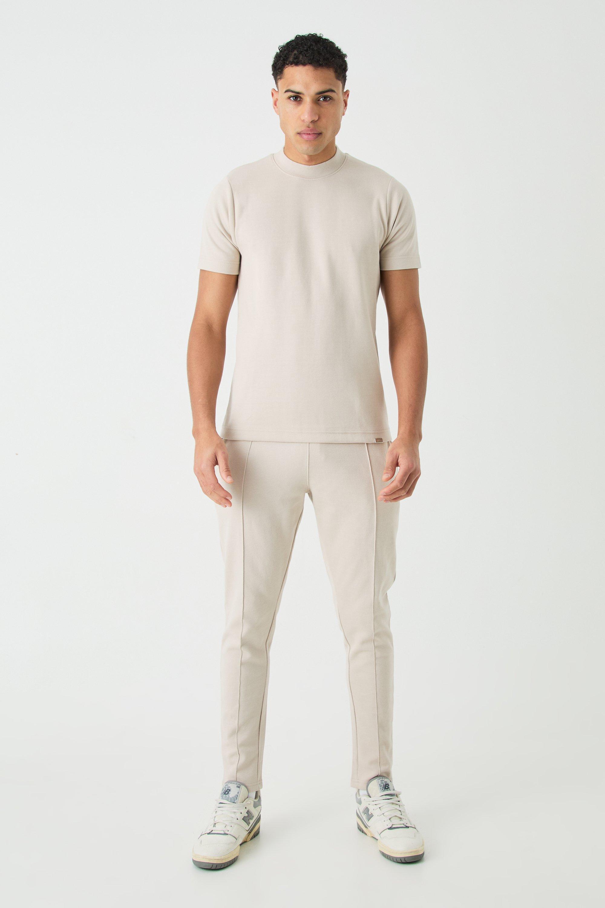 Mens Beige Slim T-shirt & Jogger Interlock Set, Beige Product Image