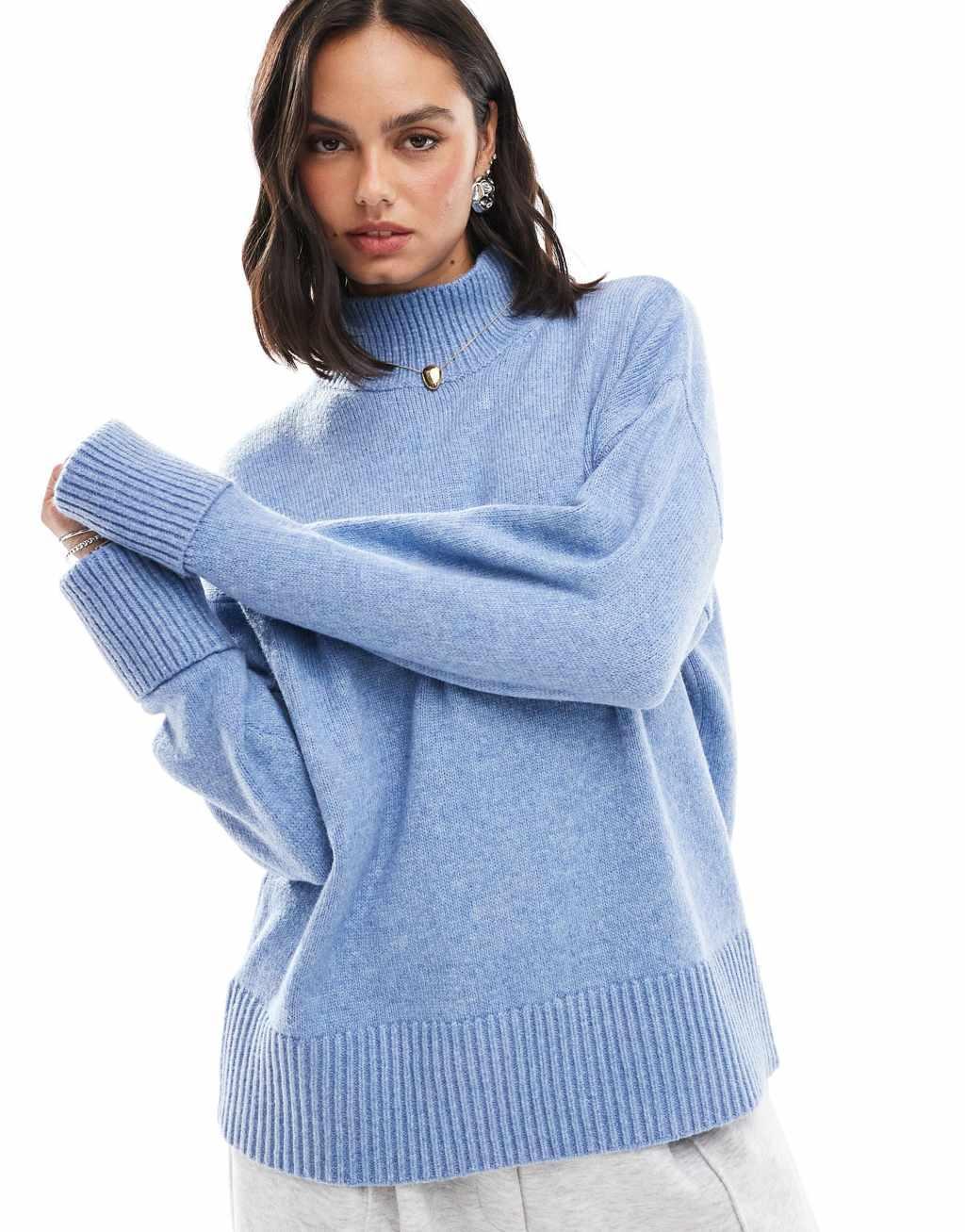 ASOS DESIGN knitted high neck sweater with turn back cuffs in blue Product Image