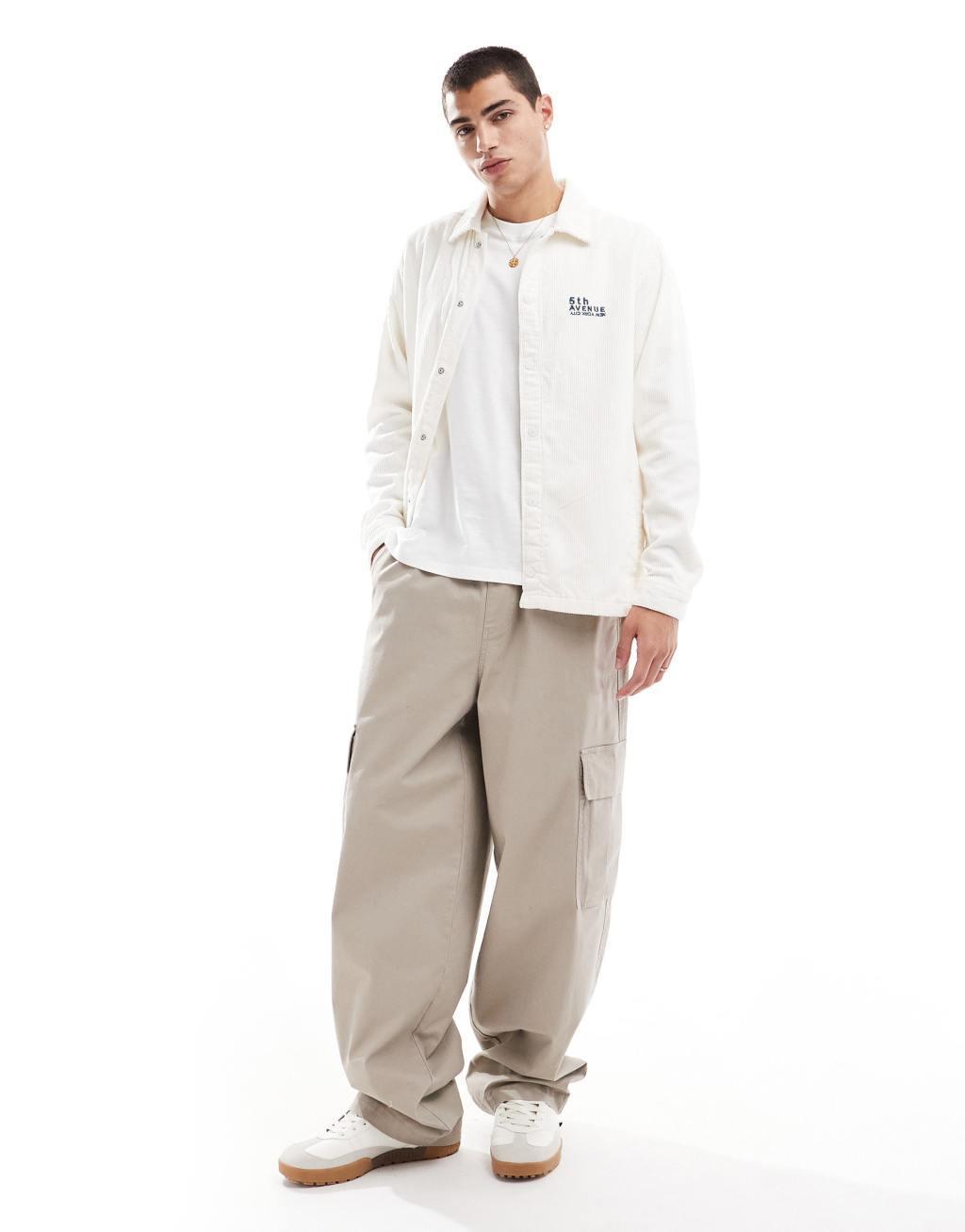 ONLY & SONS relaxed fit corduroy overshirt with 5th Ave embroidery in cream Product Image