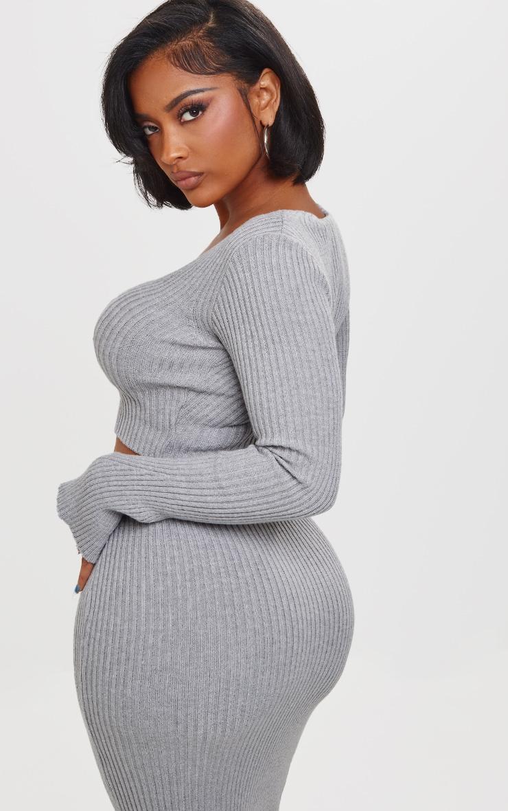 Shape Grey Knit Ribbed Long Sleeve Plunge Crop Top Product Image