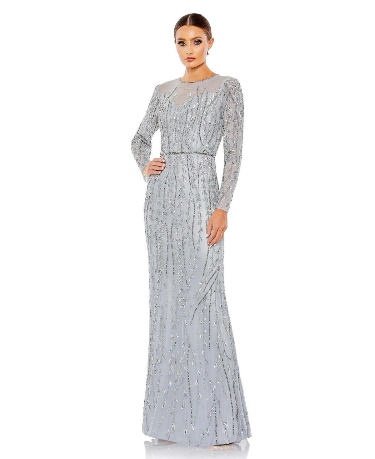 Womens Embellished Illusion High Neck Long Sleeve Gown Product Image