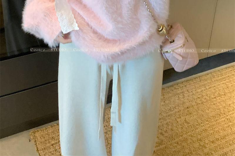 Asymmetrical Neck Cold-Shoulder Bow Fluffy Sweater Product Image