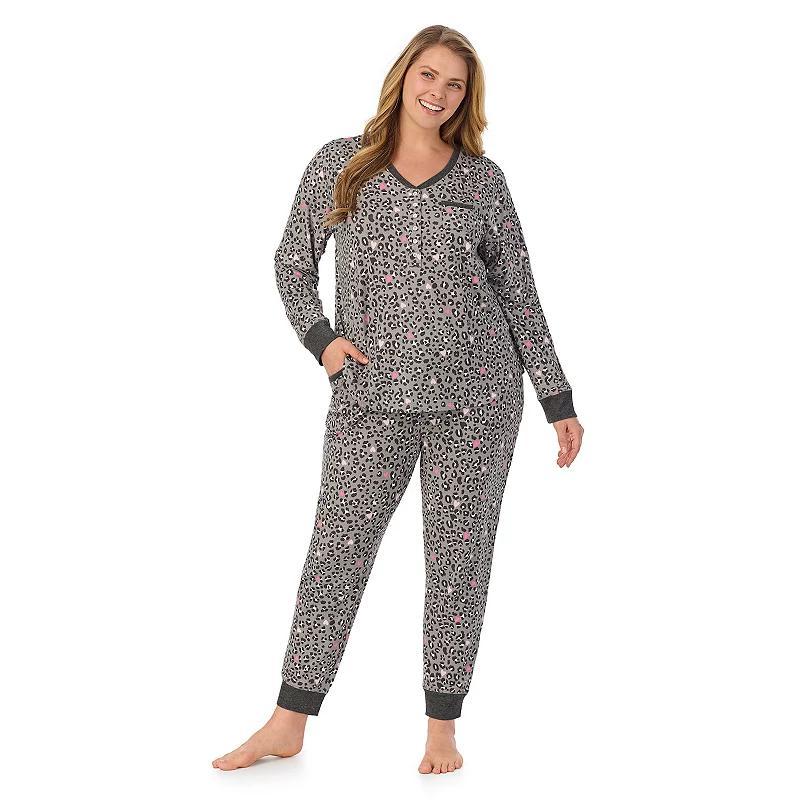 Plus Size Cuddl Duds Cozy Long Sleeve Henley Pajama Top & Pajama Bottoms Set, Womens Cream Brown Product Image