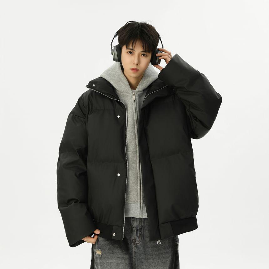 Stand Collar Plain Zip Puffer Jacket Product Image