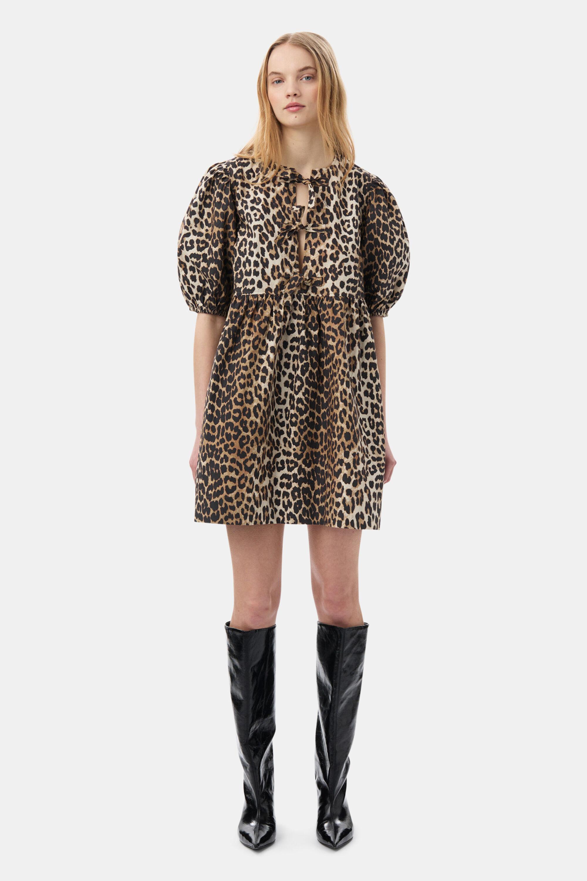 Leopard Printed Cotton Tie String Mini Dress Product Image