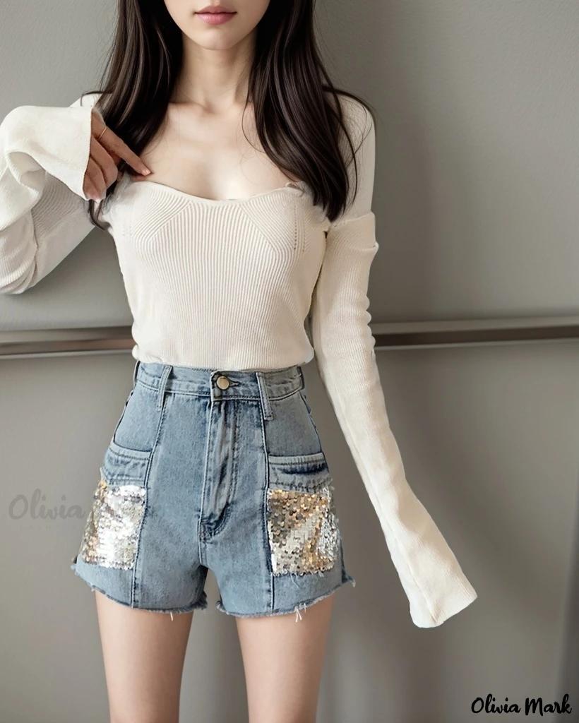 Olivia Mark – Stylish High-Waisted Denim Shorts with Sparkling Sequin Trim Product Image