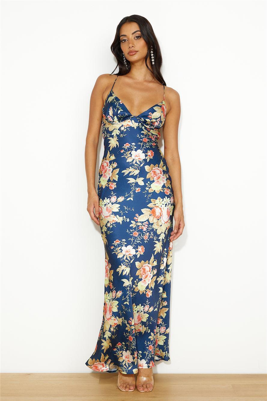 Blooming Passions Satin Maxi Dress Navy Product Image