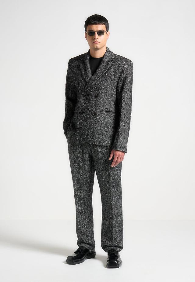 Regular Fit Herringbone Wool Blend Tailored Trousers - Black Male Product Image