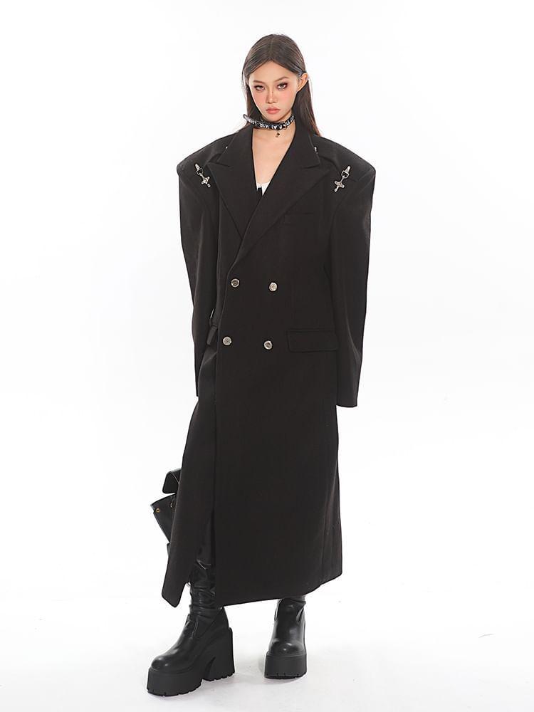 Peak Lapel Plain Buckled Midi Double Breasted Coat Product Image