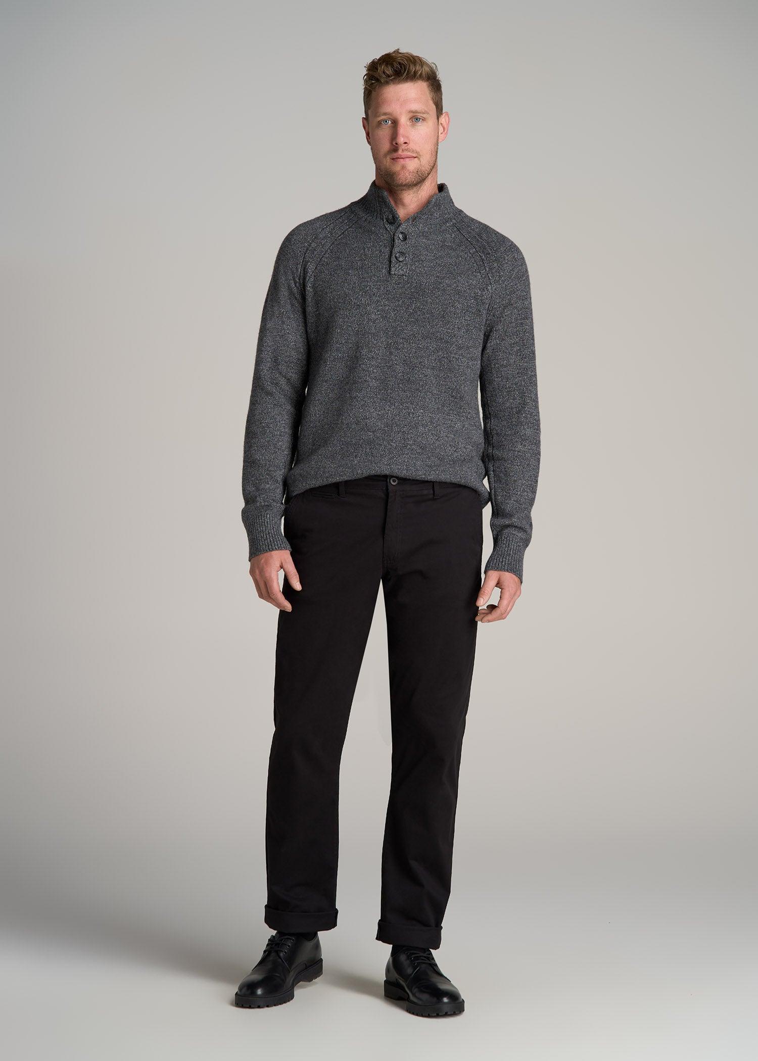 Three Button Mock Neck Tall Men's Sweater in Grey Marl Product Image