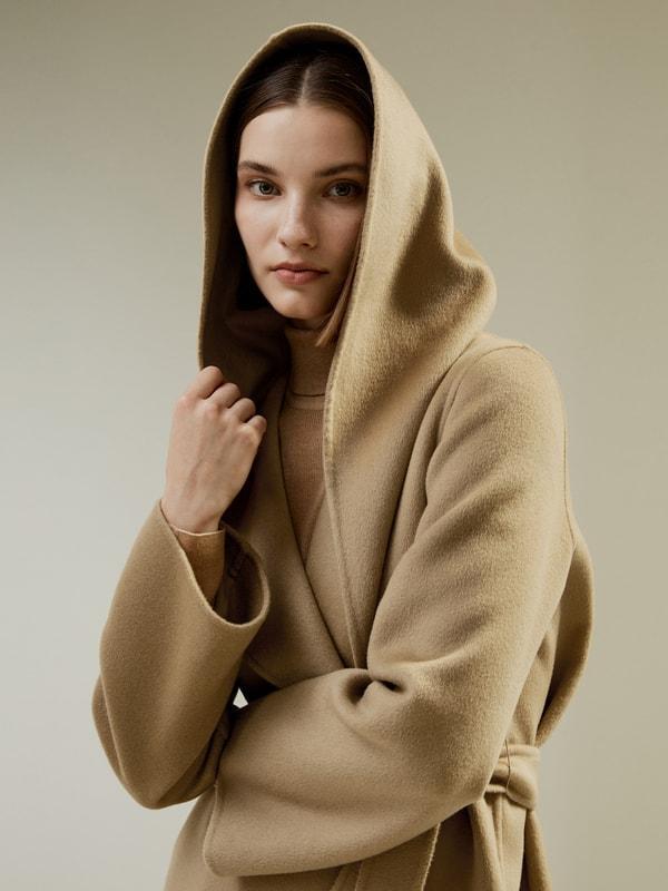 Cashmere-Wool-Blend Belted Short Hooded Coat Product Image