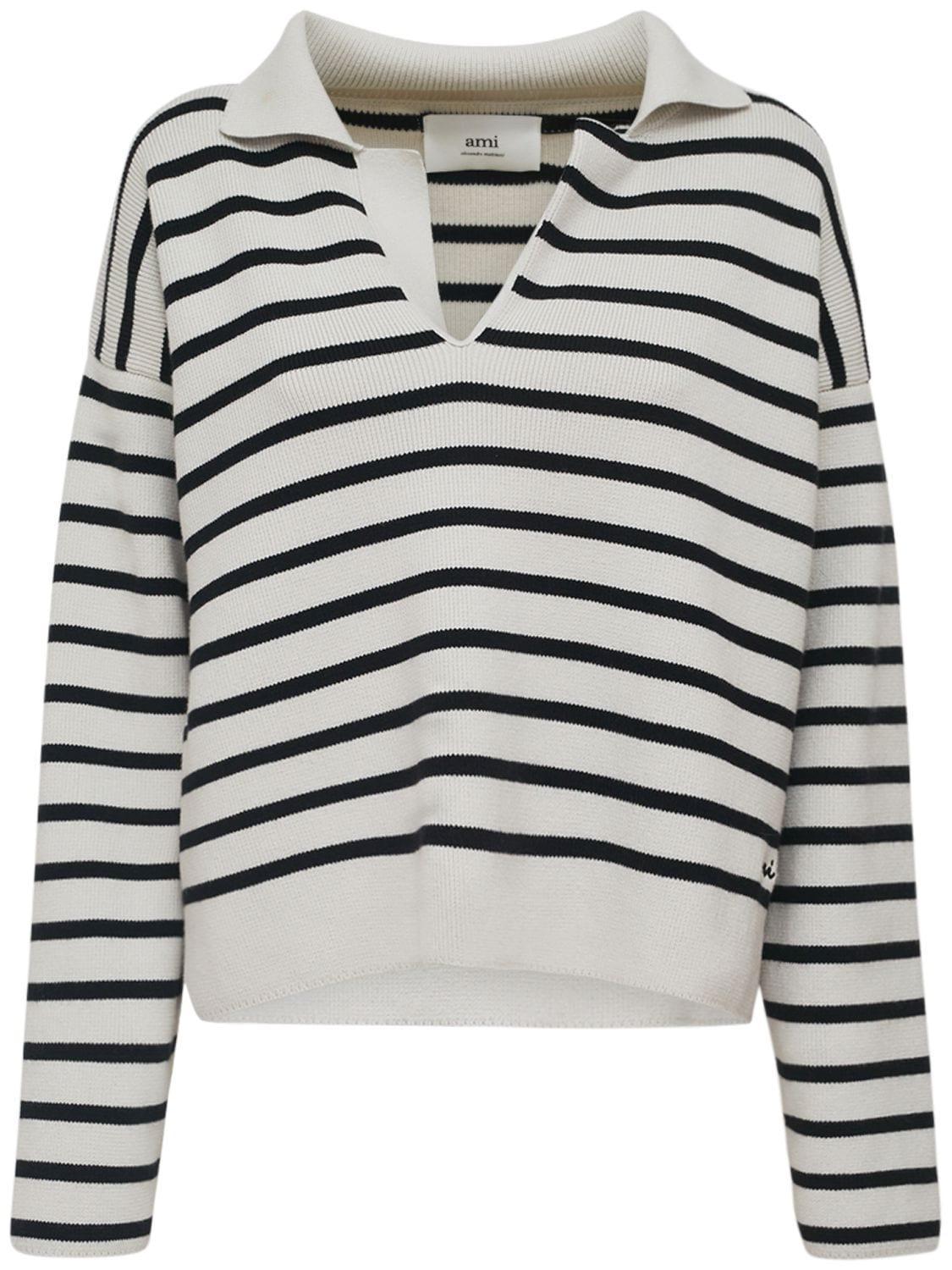 AMI ALEXANDRE MATTIUSSI Biologic Cotton And Wool Sweater With Striped Motif In White Product Image