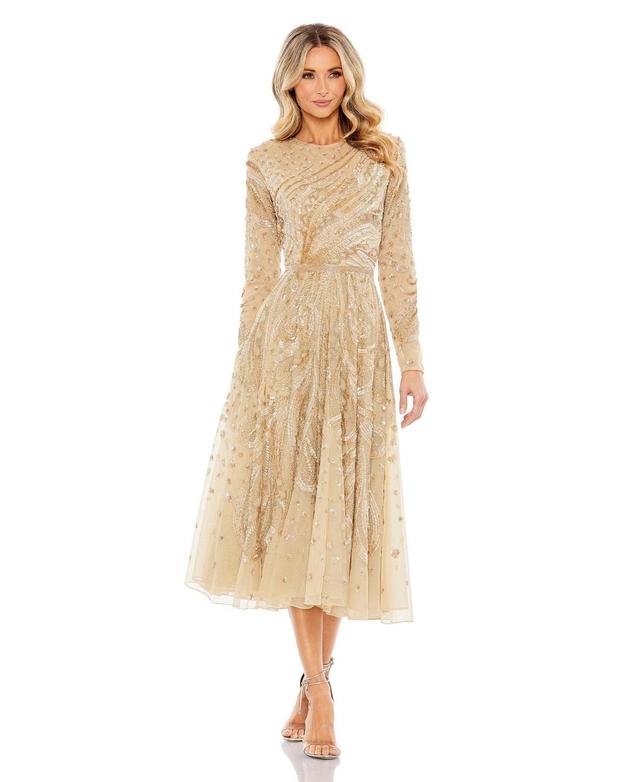 Womens Embellished Illusion Long-Sleeve Dress Product Image