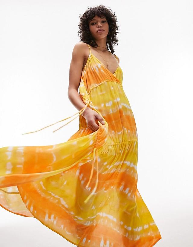 Topshop ruche tie side maxi beach dress in orange and yellow Product Image