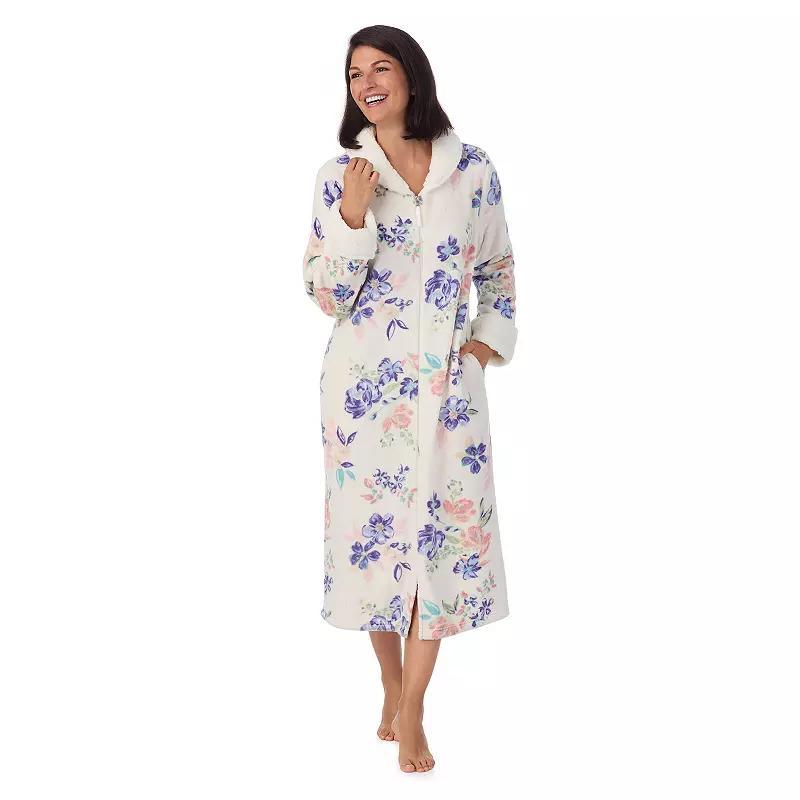 Womens Stan Herman Printed Plush Collar Zip Robe Ivory Blossom Product Image