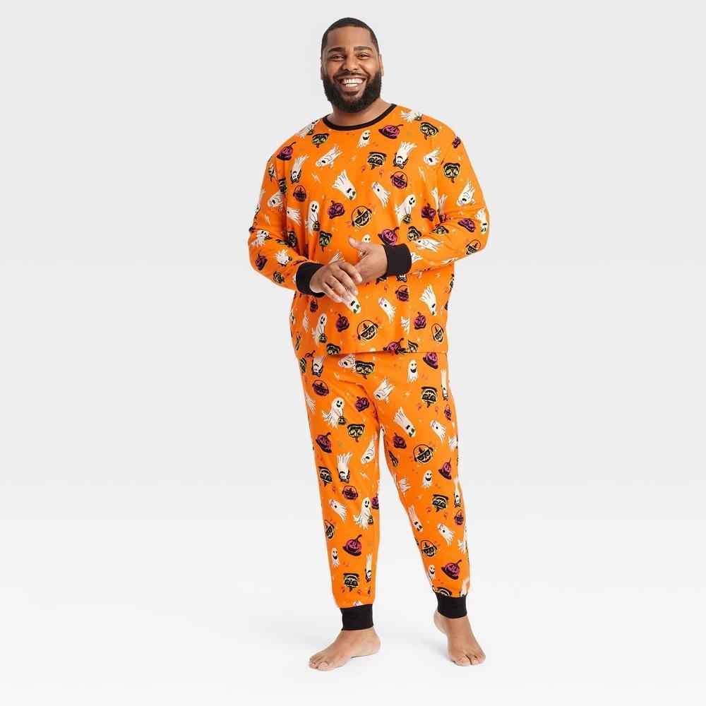 Mens Big & Tall Ghost Print Glow-in-the-Dark Halloween Matching Family Pajama Set - Hyde & EEK! Boutique Orange 4XLT Product Image