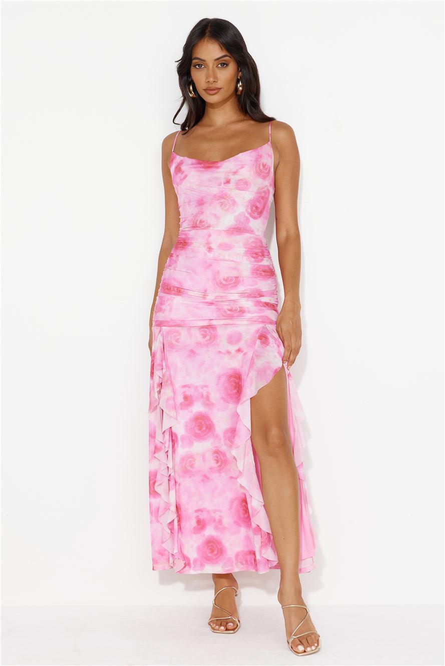 Dj's Music Mesh Frill Maxi Dress Pink Product Image