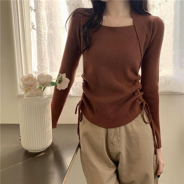 Long-Sleeve Scoop Neck Plain Drawstring Ribbed Knit Top Product Image