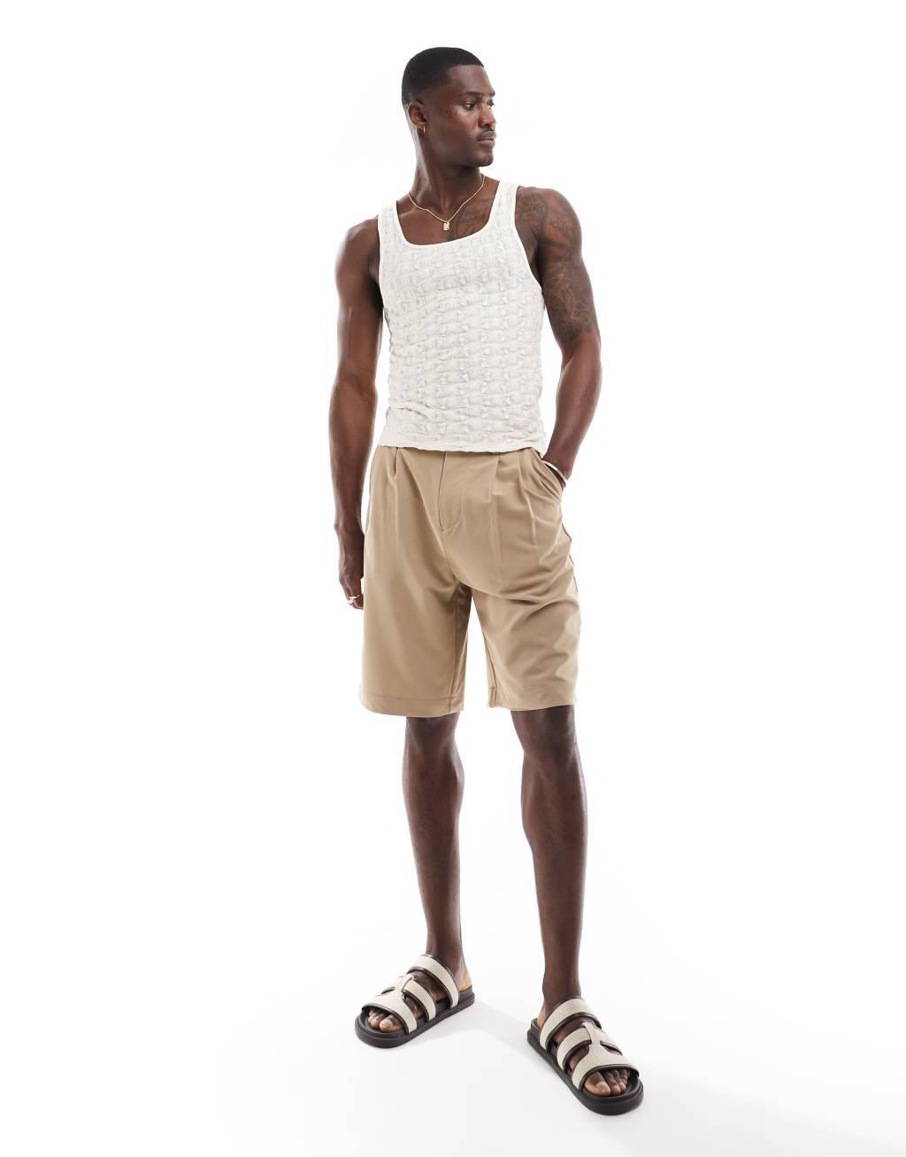 ONLY & SONS loose fit pleated tailored shorts in beige Product Image