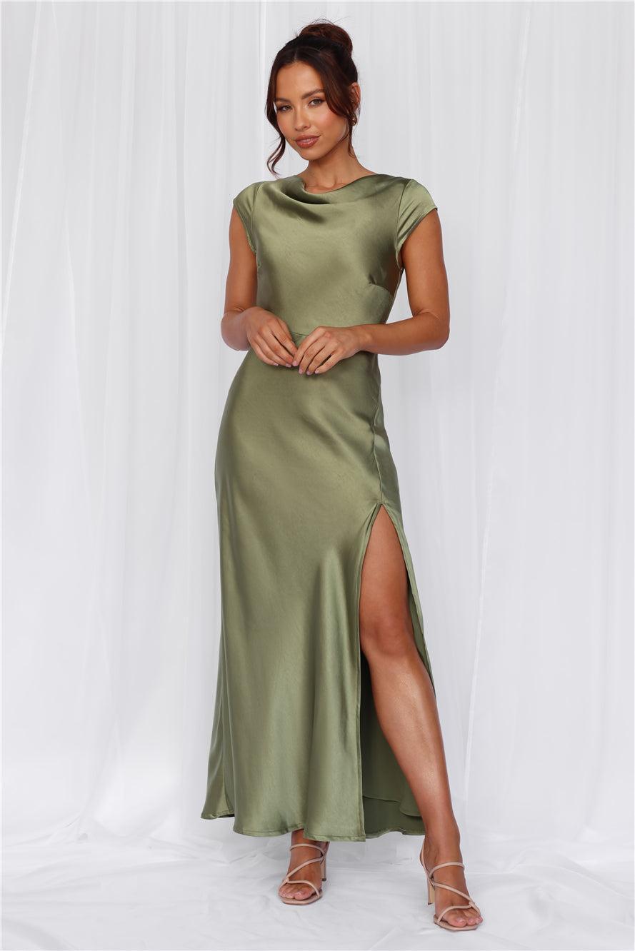 HELLO MOLLY The Valentina Cap Sleeve Satin Maxi Dress Olive Product Image