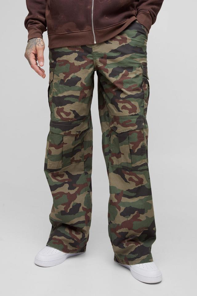 Tall Baggy Fit Distressed Canvas Camo Cargo Trousers | boohooMAN USA Product Image