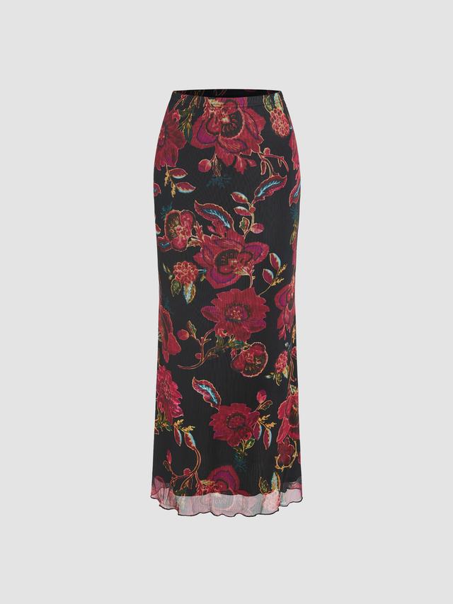 Mesh Mid Rise Floral Maxi Skirt  Product Image