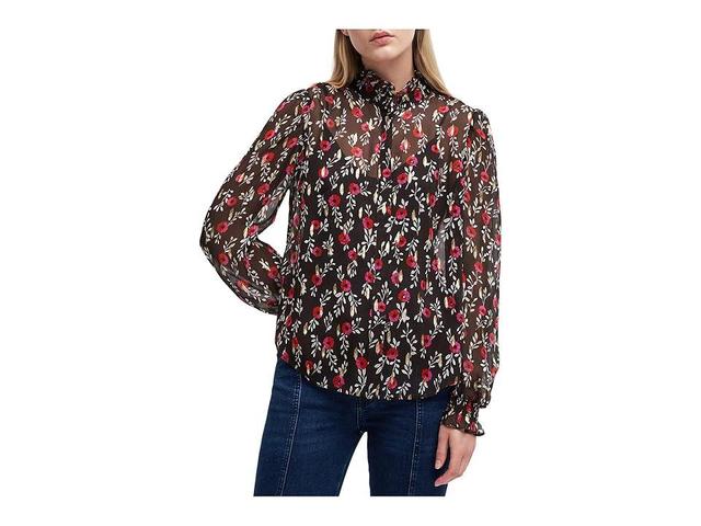 7 For All Mankind Long Sleeve Ruffle Neck Button-Up (Bougainvillea Floral) Women's Clothing Product Image