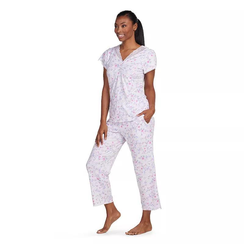 Womens Miss Elaine Essentials Micro Velvet Lace Neck Pajama Shirt & Floral Print Pajama Pants Set Product Image